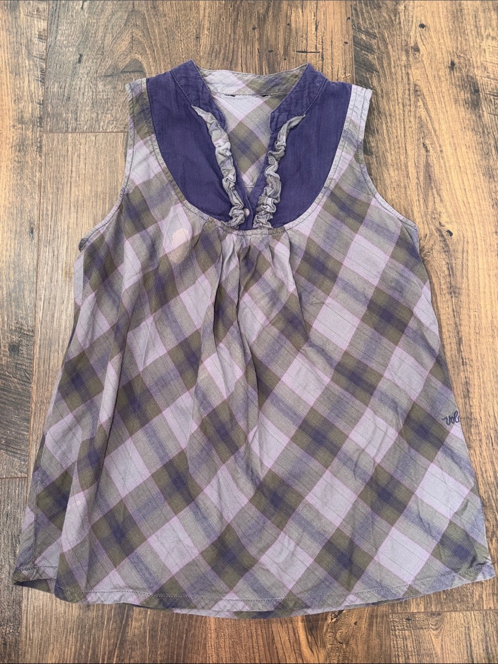 Volcom Purple Plaid Ruffle Yoke Tank